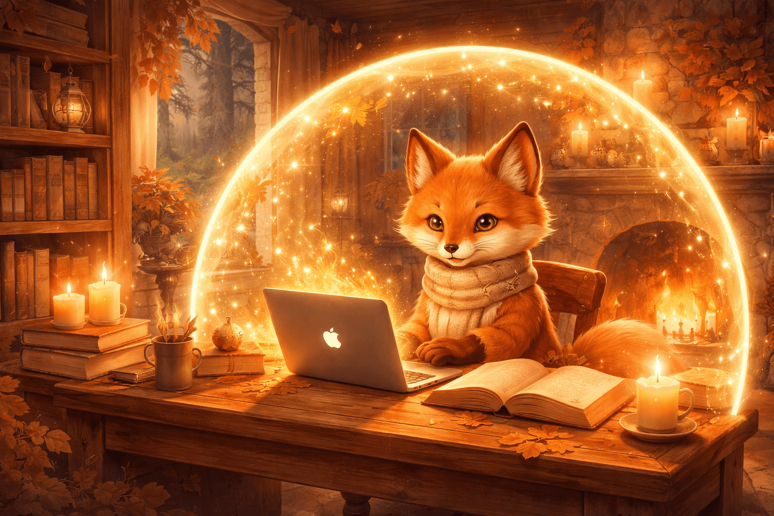 A fox sitting at a cozy desk, surrounded by a warm privacy shield glow